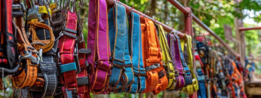 Fototapeta premium Harnesses hanging on a rack at an outdoor adventure park for visitors to use during climbing activities