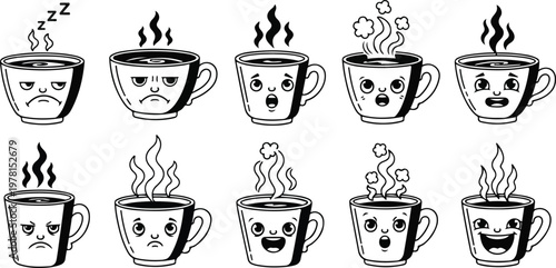 Emotional coffee cups a black and white illustration of varying moods
