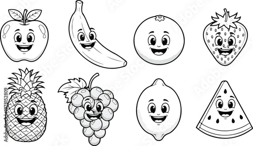 Charming cartoon fruits with smiling faces in a black and white illustration