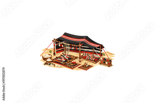 Traditional Bedouin tent setup with weaving tools and desert dwelling elements