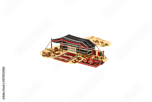 Traditional Bedouin tent selling woven carpets and textiles in the desert