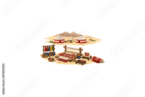Nomadic life and traditional carpet weaving in a desert landscape