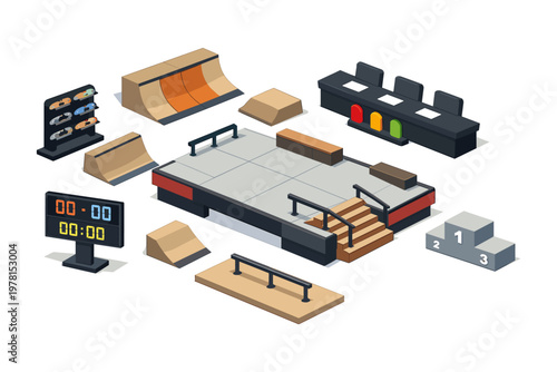 Isometric skatepark elements including ramps, rails, podium, and scoreboard