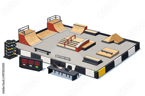 Isometric view of a miniature skatepark with ramps, rails, and a timer