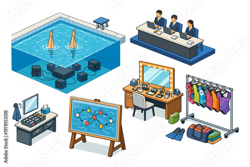 Isometric illustration of synchronized swimming team preparation and performance setup