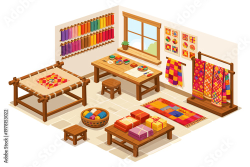 Cozy craft room filled with colorful textiles and sewing supplies
