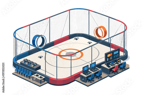 Futuristic drone racing arena with control stations and obstacle course