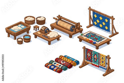 Traditional textile manufacturing process with ancient tools and materials