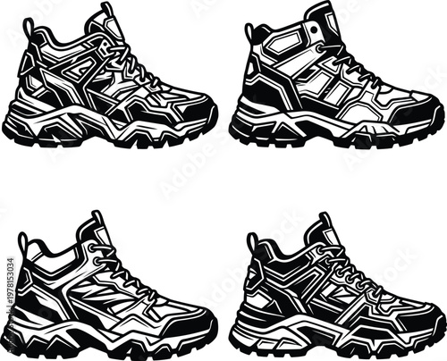 Black and white vector illustrations of rugged hiking and trekking shoes, featuring detailed textures and unique designs.