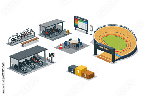 Isometric cycling track elements including stadium, podium, and parking