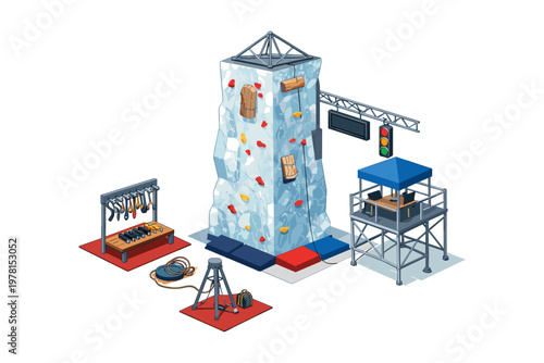 Isometric climbing wall setup with safety equipment and observation tower