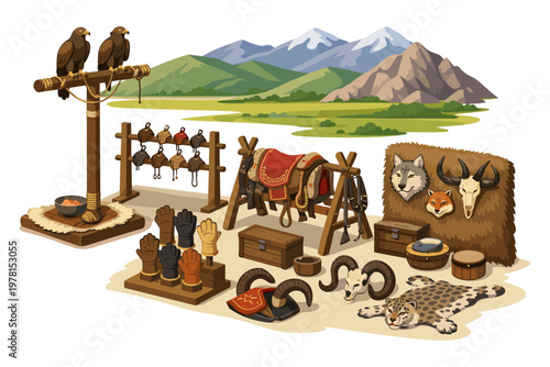 Collection of nomadic hunting and equestrian gear displayed in a mountainous landscape