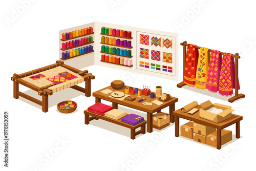 Artisan workshop with looms, threads, fabrics, and finished textile products
