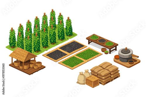 Isometric farm scene showing cultivation, harvesting, and processing of crops