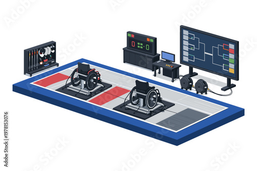 Wheelchair racing competition setup with digital scoreboard and bracket display
