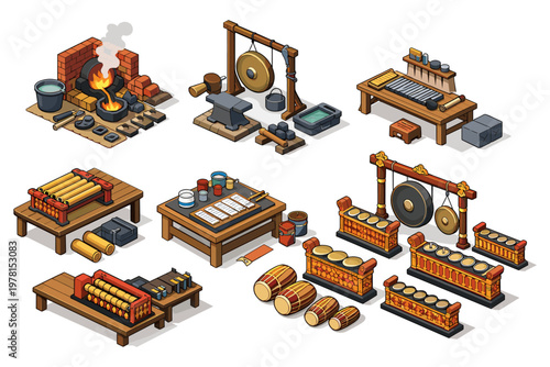 Collection of traditional Indonesian gamelan instruments and blacksmithing tools