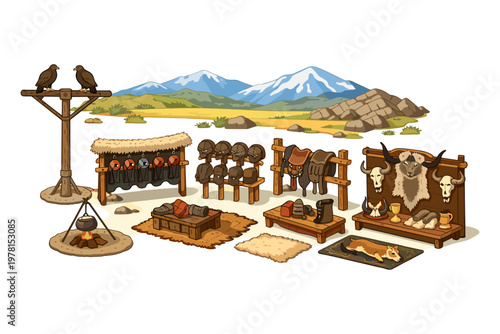 Viking camp scene with historical artifacts and wildlife elements