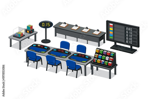 Speedcubing competition setup with timers, puzzles, and scoreboard