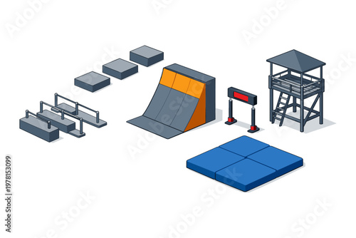 Collection of isometric extreme sports park elements and obstacles