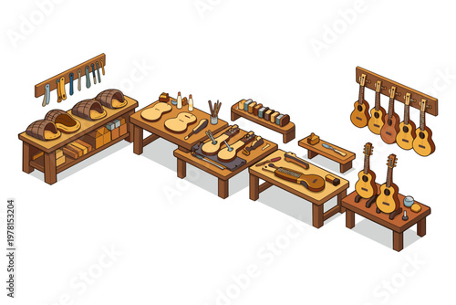 Illustration of a luthier's workshop with instruments in various stages of completion