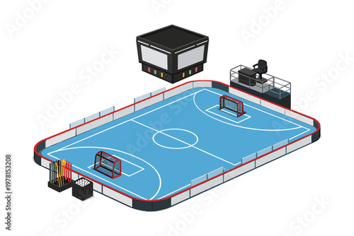 Isometric view of a floorball court with equipment and scoreboard