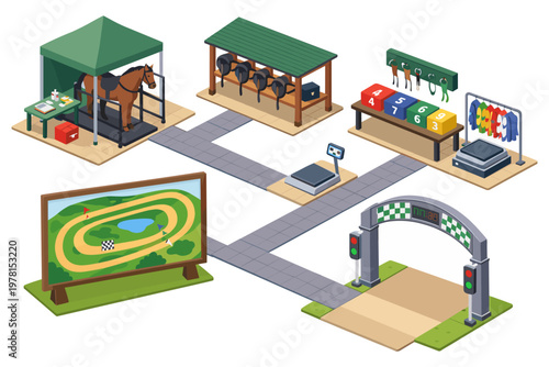 Isometric illustration of equestrian race preparation and finish line elements