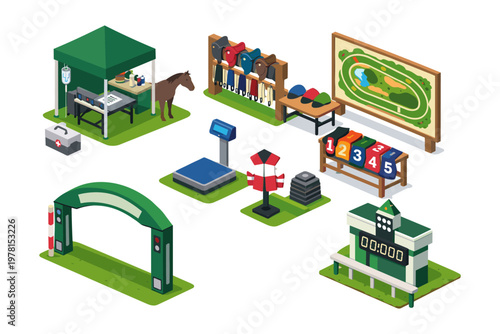 Isometric horse racing elements including start gate, finish line, and jockey silks