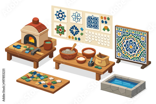 Artisan mosaic workshop with traditional tools and geometric patterns