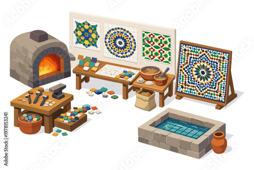 Artisan mosaic workshop with traditional tools and geometric patterns