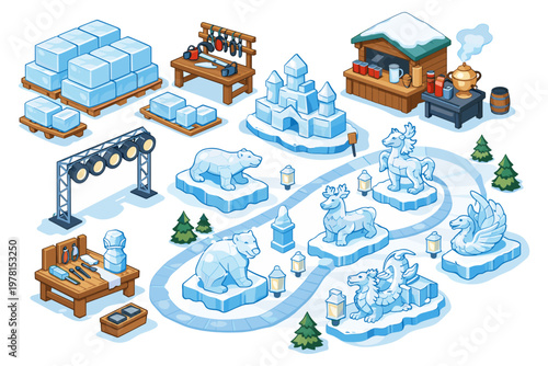 Isometric winter festival scene with ice sculptures and festive stalls