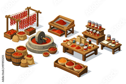 Traditional food processing and preservation setup with peppers and spices
