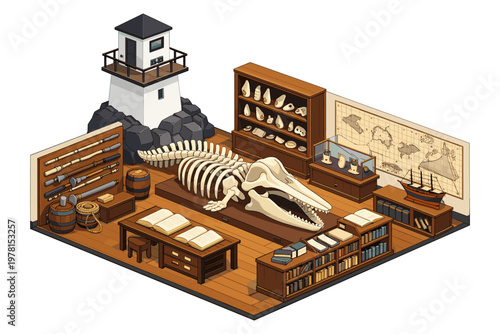 Whale skeleton exhibit in a museum with lighthouse and nautical artifacts