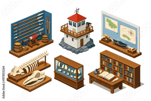 Isometric museum exhibits showcasing historical artifacts and scientific discoveries