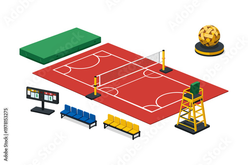 Isometric illustration of a takraw court with equipment and seating