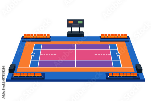Colorful kabaddi court with spectator seating and scoreboard illustration