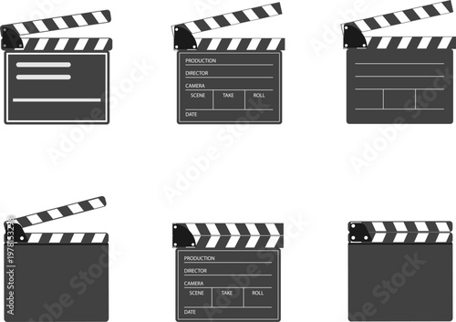 Vector set of movie clapperboard icons with different designs for film production and cinema industry