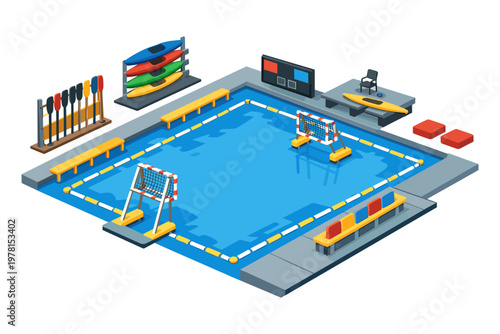 Isometric water polo pool setup with equipment and seating for players