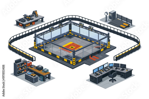 Isometric view of a futuristic robot combat arena with control room and workshop
