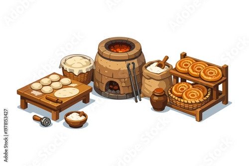 Traditional baking setup with tandoor oven, dough, flour, and baked goods