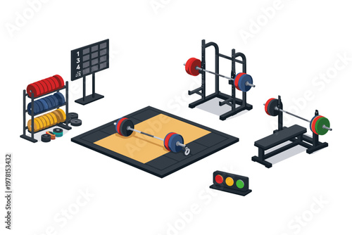 Weightlifting equipment and competition setup with barbells, plates, and scoreboard