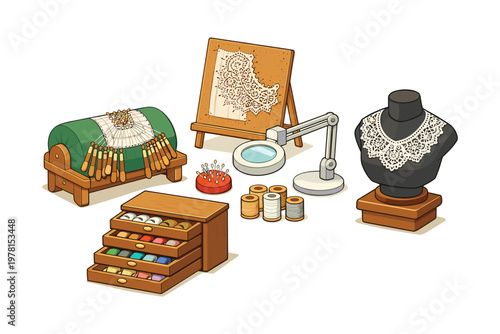 Collection of tools and materials for creating delicate lace crafts