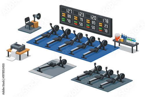 Rowing machines arranged for competition with scoreboard and refreshments
