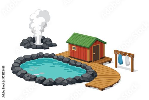 Cartoon hot spring with wooden bathhouse and steam rising from rocks