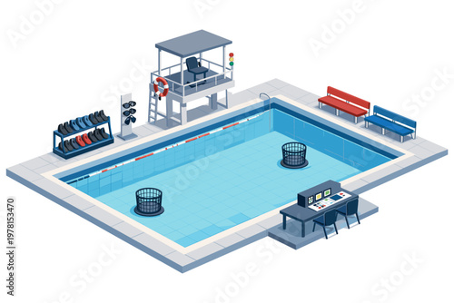 Isometric view of a swimming pool facility with lifeguard station and amenities