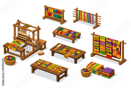 Traditional weaving workshop with colorful textiles and tools in isometric view