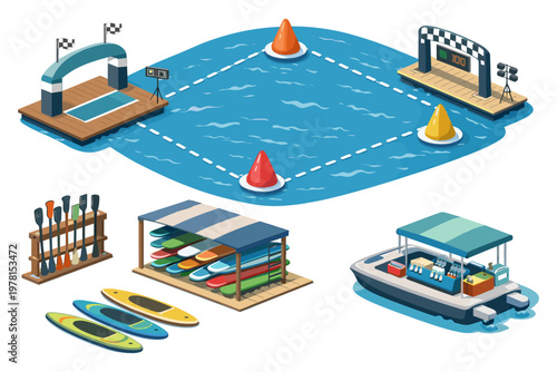 Isometric water sports race course with kayaks, paddleboards, and support boat