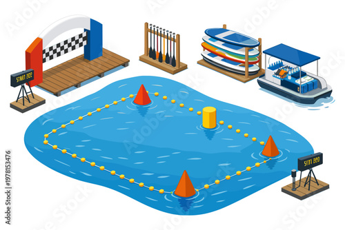 Water sports race course setup with start gate, buoys, and equipment