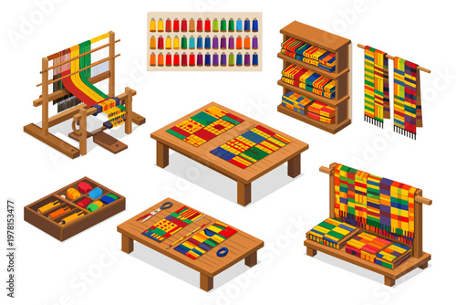 Colorful textile crafts and weaving supplies displayed in isometric style