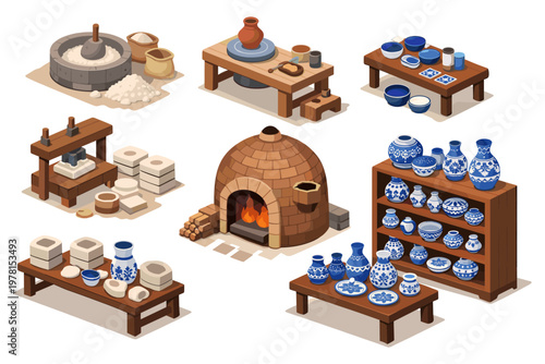 Isometric pottery workshop with kiln, tools, and finished ceramic pieces