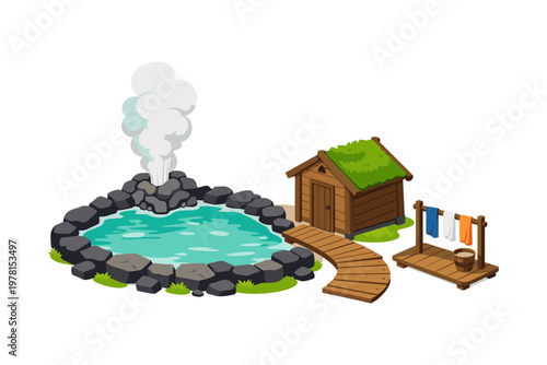 Idyllic Japanese onsen with steaming hot spring, wooden bathhouse, and drying rack